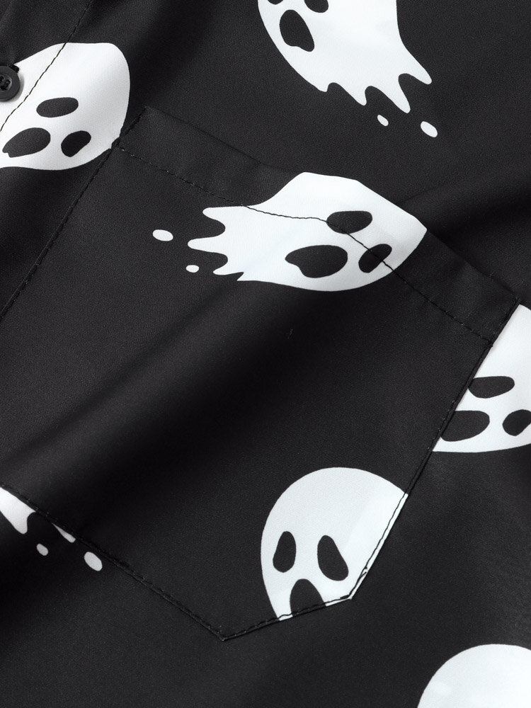 Mænd Halloween Allover Ghost Print Pocket Button High Low Hem Shirts