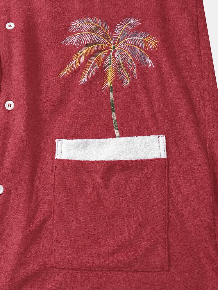 Mænd Håndklæde Coconut Tree Print Dobbelt Pocketsrevere Krave Ferieskjorter