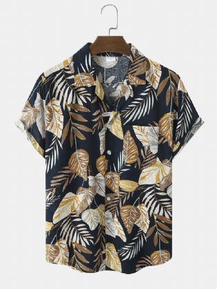 Mænd Hawaii Style Tropical Leaf Print Hem Manchet Blød Fritidsknap Designet Skjorter