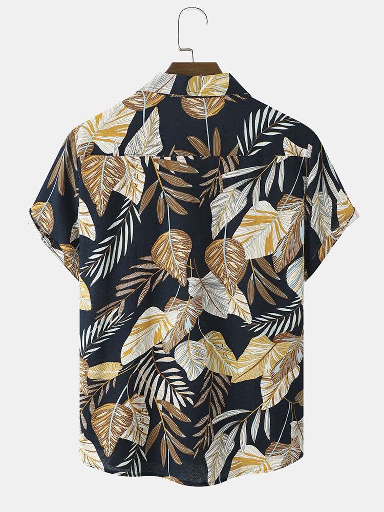 Mænd Hawaii Style Tropical Leaf Print Hem Manchet Blød Fritidsknap Designet Skjorter