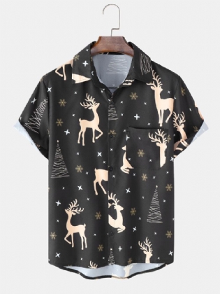 Mænd Juleplanter Træer Snow Deer Printede Korte Fritidsskjorter