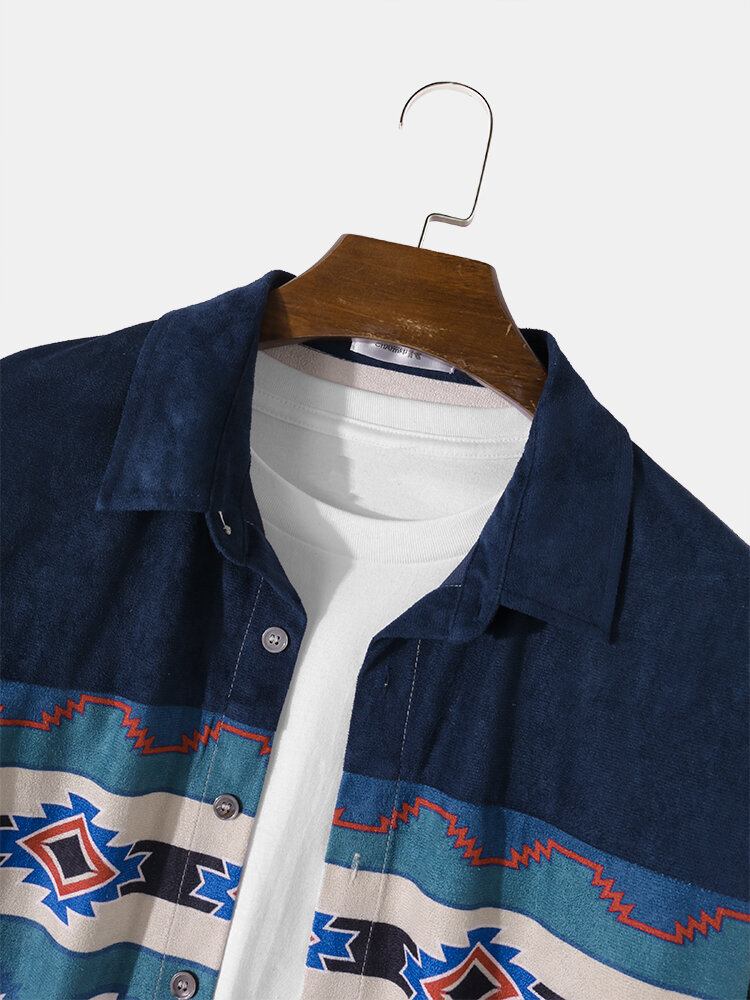 Mænd Kontrast Geo Print Faux Ruskind Button Up Casual Langærmede Skjorter