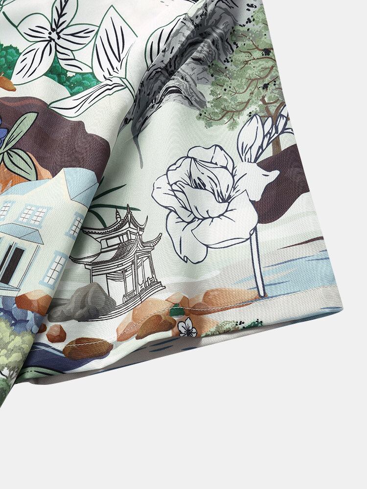 Mænd Landskab Flower Print Revers Kortærmede Bløde Casual Skjorter