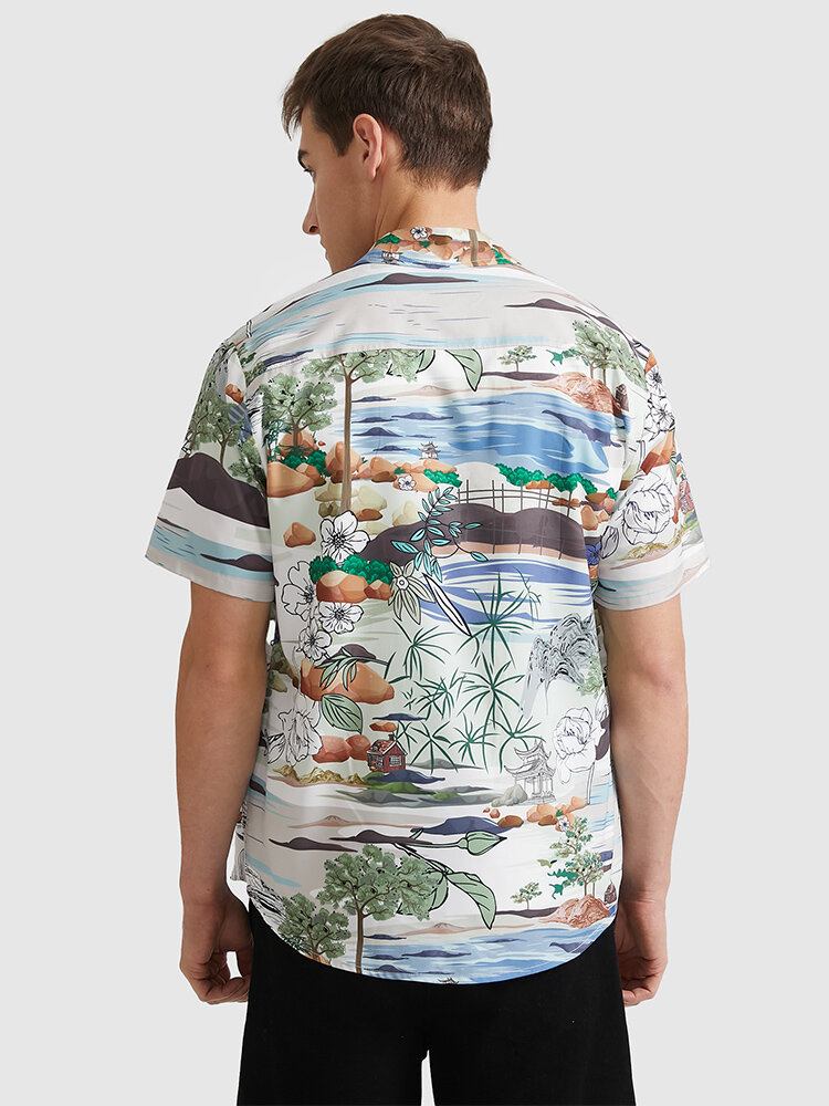 Mænd Landskab Flower Print Revers Kortærmede Bløde Casual Skjorter