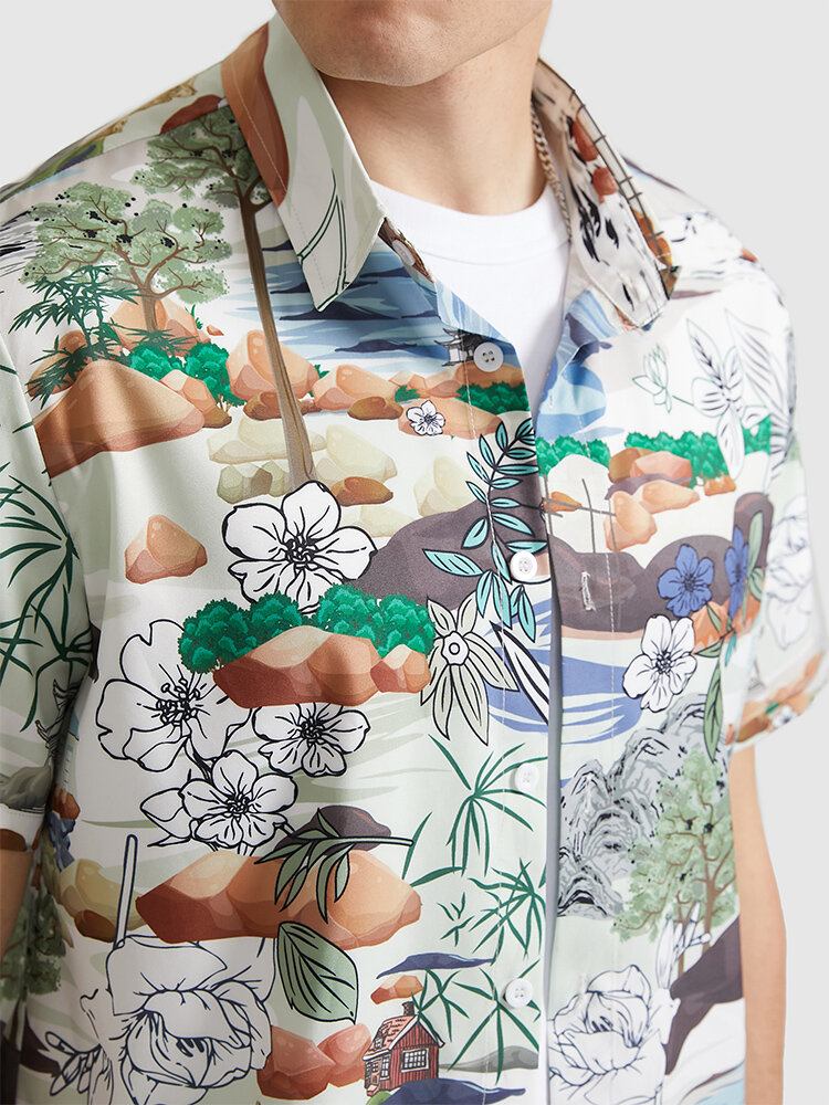 Mænd Landskab Flower Print Revers Kortærmede Bløde Casual Skjorter