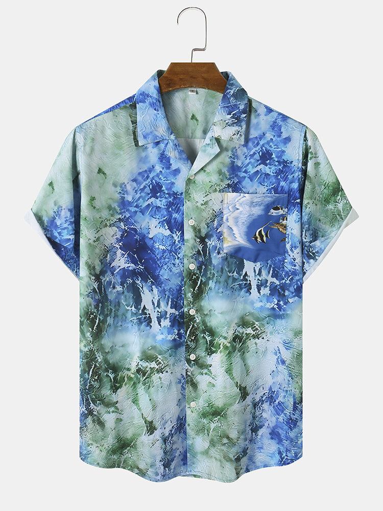 Mænd Ocean Waves Print Splejset Enkelt Brystlomme Hawaii Ferieskjorter