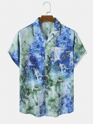 Mænd Ocean Waves Print Splejset Enkelt Brystlomme Hawaii Ferieskjorter