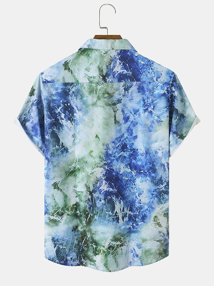 Mænd Ocean Waves Print Splejset Enkelt Brystlomme Hawaii Ferieskjorter