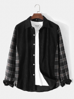 Mænd Patchwork Corduroy Plaid Button Up Casual Skjorte