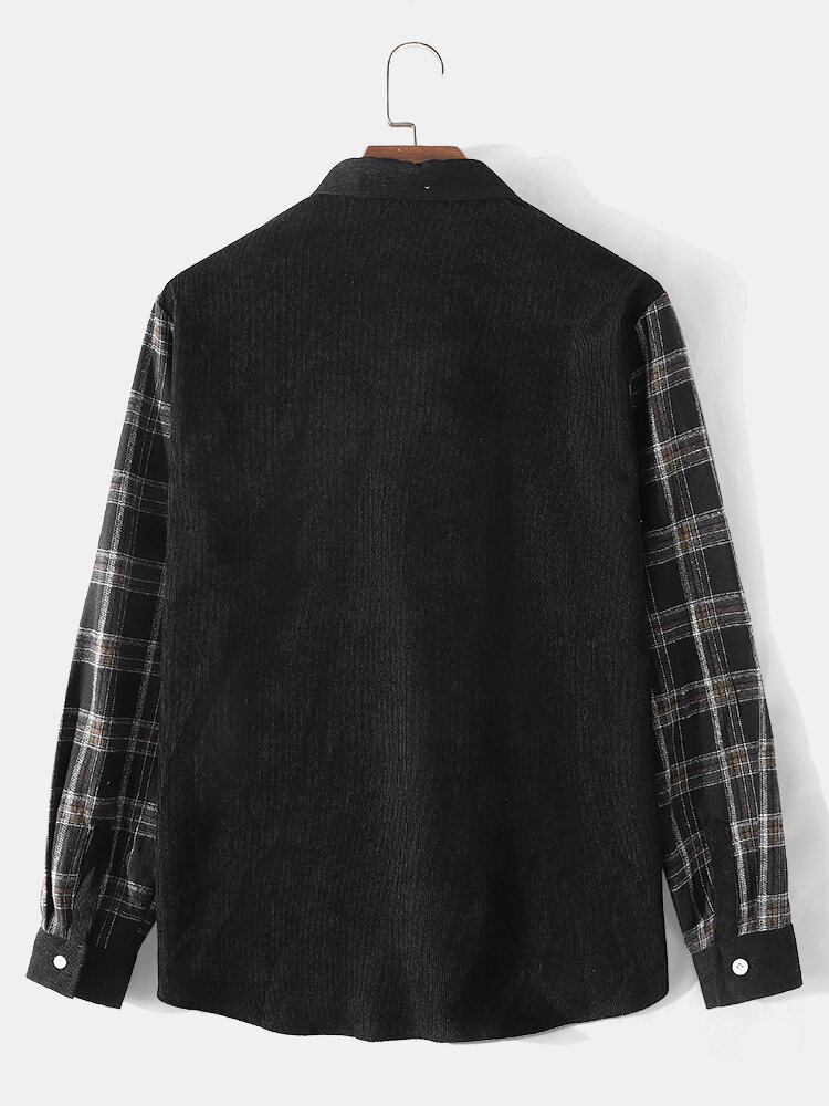 Mænd Patchwork Corduroy Plaid Button Up Casual Skjorte