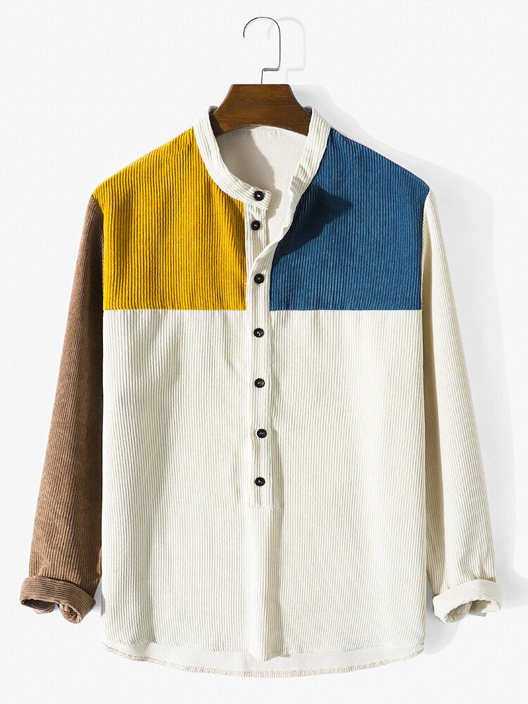 Mænd Patchwork Kontrast Farve Blok Langærmet Stand Kraveknapper Henley Shirts