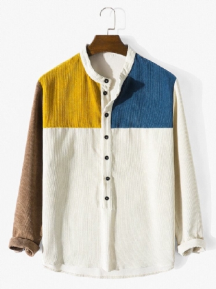 Mænd Patchwork Kontrast Farve Blok Langærmet Stand Kraveknapper Henley Shirts