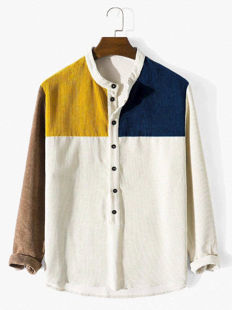 Mænd Patchwork Kontrast Farve Blok Langærmet Stand Kraveknapper Henley Shirts