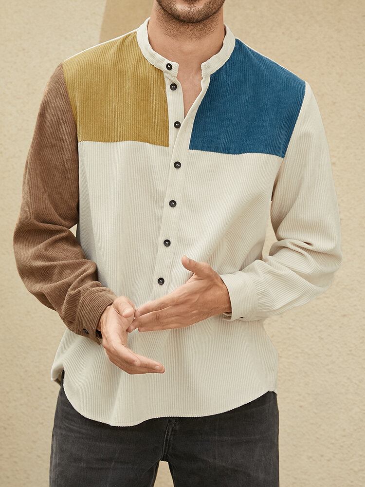 Mænd Patchwork Kontrast Farve Blok Langærmet Stand Kraveknapper Henley Shirts