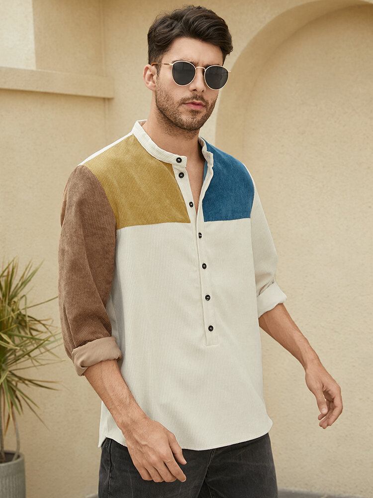 Mænd Patchwork Kontrast Farve Blok Langærmet Stand Kraveknapper Henley Shirts