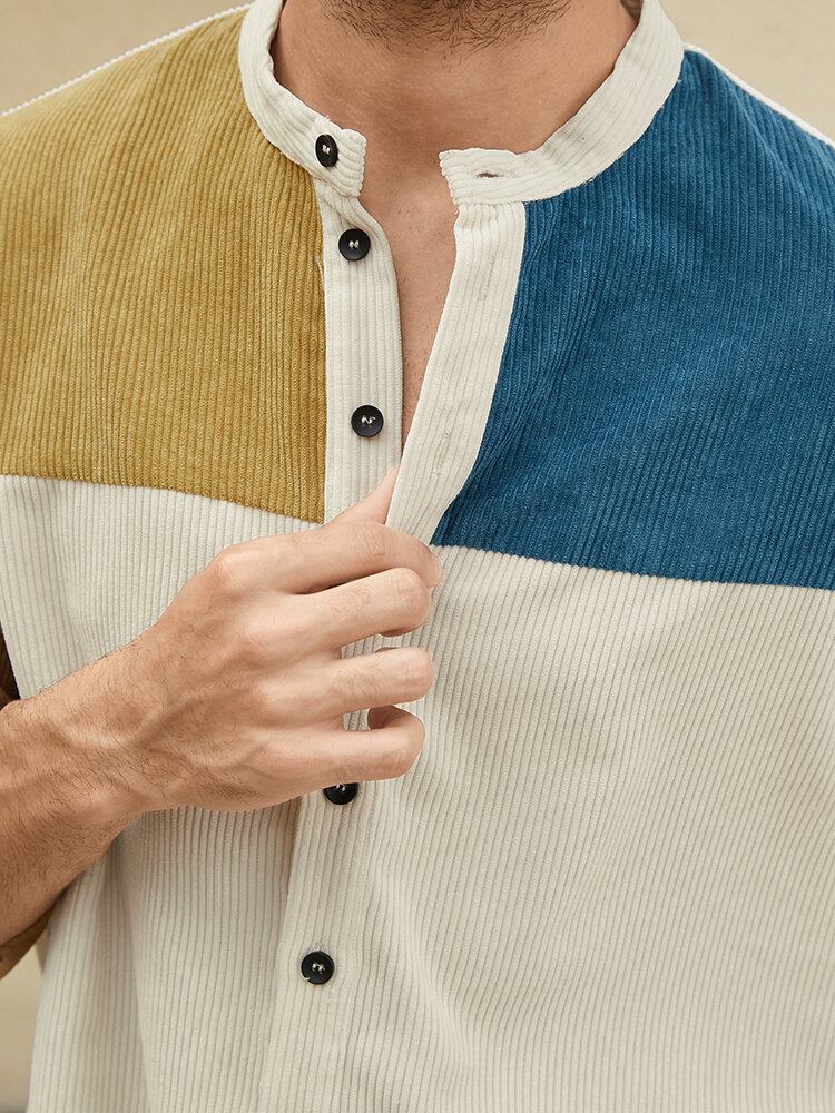 Mænd Patchwork Kontrast Farve Blok Langærmet Stand Kraveknapper Henley Shirts