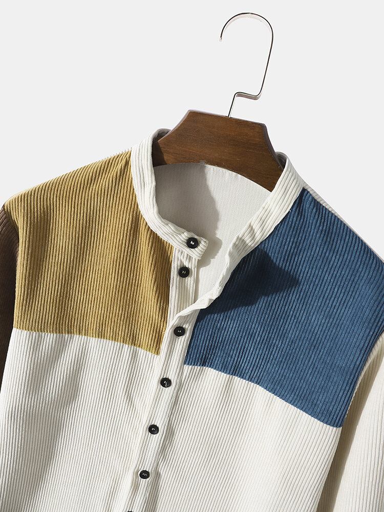 Mænd Patchwork Kontrast Farve Blok Langærmet Stand Kraveknapper Henley Shirts