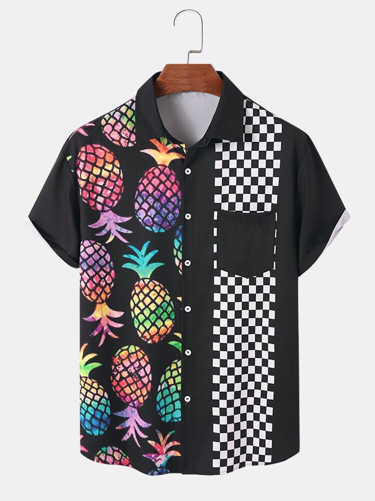 Mænd Pineapple Gingham Print Pocket Alle Matchede Hudvenlige Skjorter