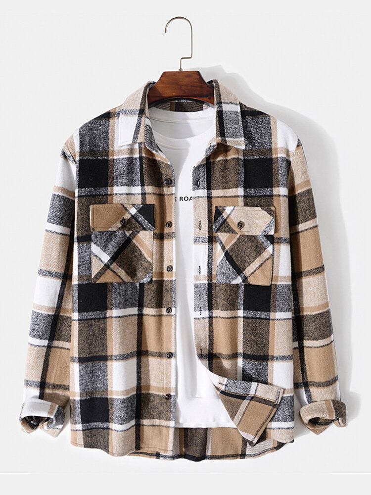 Mænd Plaid Dobbelt Brystlommer Button Up Revers Kontrast Fritidsskjorter