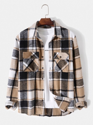 Mænd Plaid Dobbelt Brystlommer Button Up Revers Kontrast Fritidsskjorter