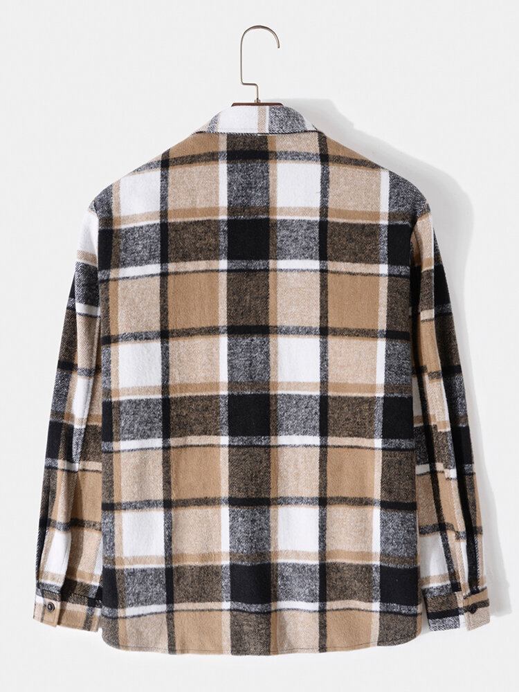 Mænd Plaid Dobbelt Brystlommer Button Up Revers Kontrast Fritidsskjorter