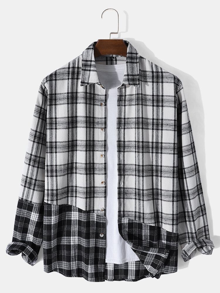 Mænd Plaid Patchwork Kontrast Knap Lapel Casual Skjorter