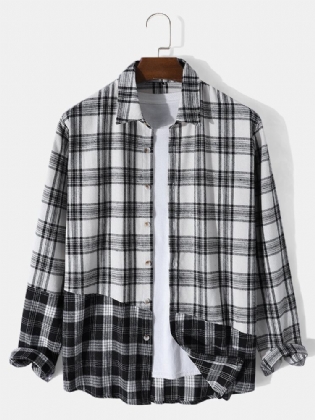 Mænd Plaid Patchwork Kontrast Knap Lapel Casual Skjorter