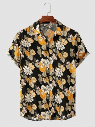 Mænd Retro Allover Blomsterprint Forreste Knap Manchet Kant Bløde Casual Skjorter