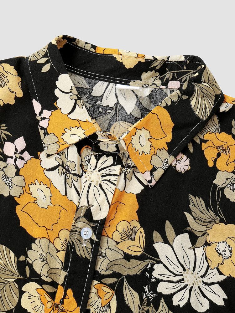 Mænd Retro Allover Blomsterprint Forreste Knap Manchet Kant Bløde Casual Skjorter