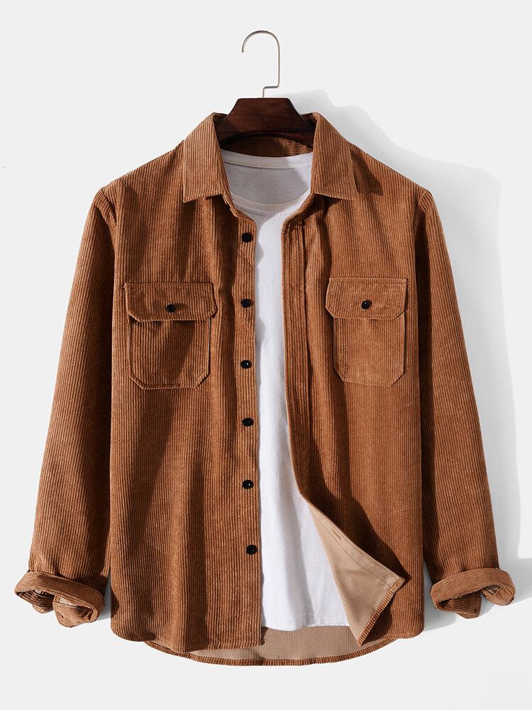 Mænd Solid Corduroy Dobbelt Lommer Knap Lapel Shirt