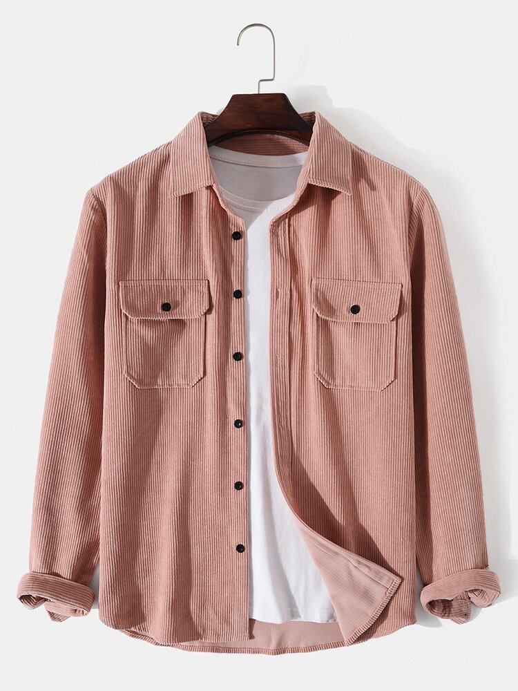 Mænd Solid Corduroy Dobbelt Lommer Knap Lapel Shirt