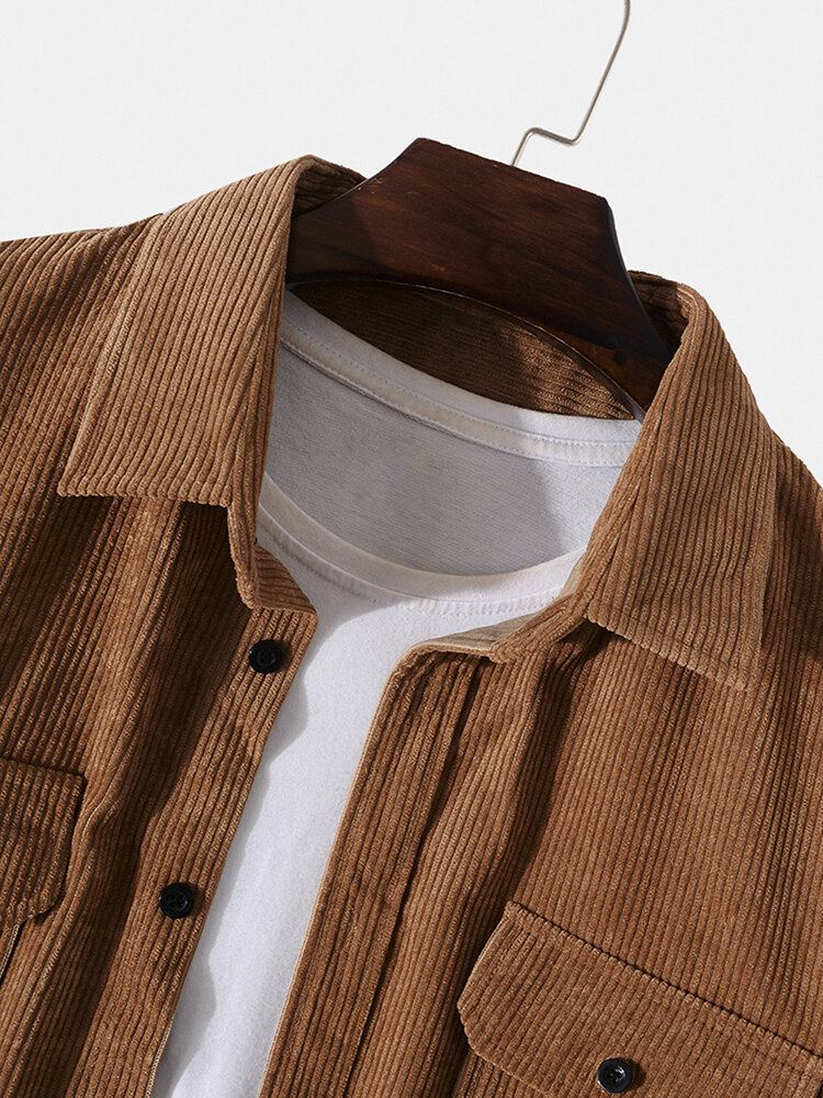 Mænd Solid Corduroy Dobbelt Lommer Knap Lapel Shirt