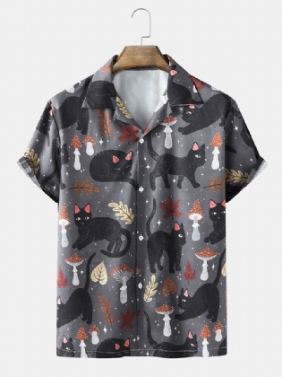 Mænd Street Cat Mushroom Print Revere Collar Shirts