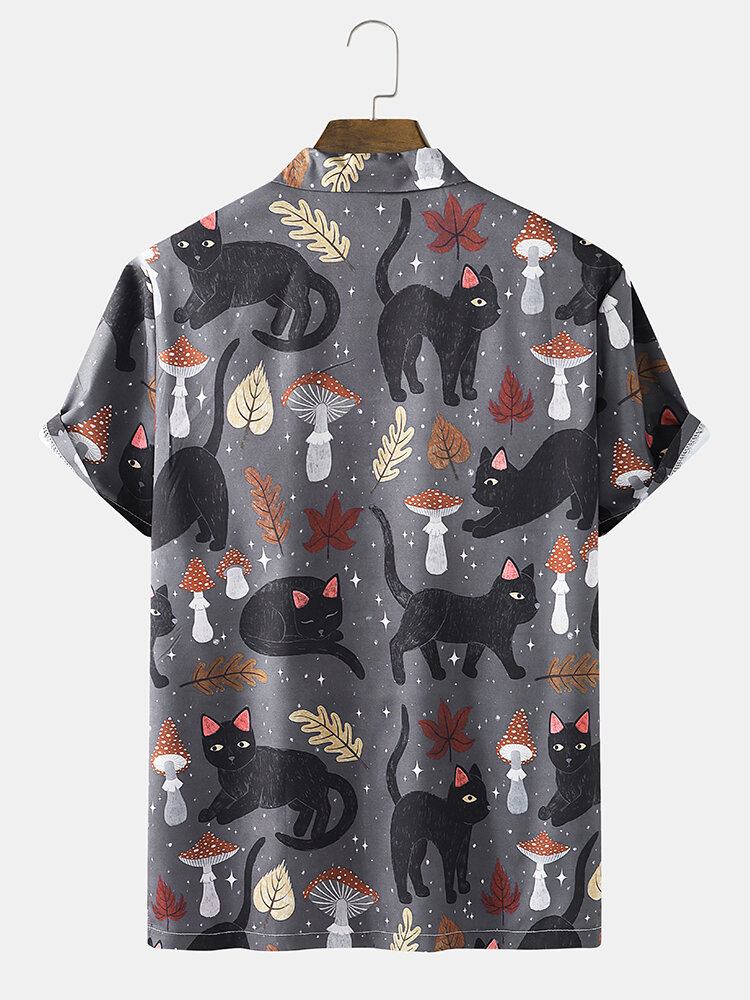 Mænd Street Cat Mushroom Print Revere Collar Shirts