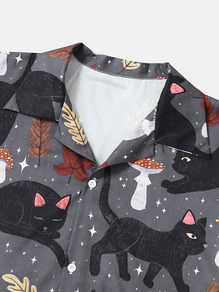 Mænd Street Cat Mushroom Print Revere Collar Shirts