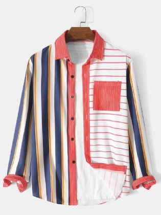 Mænd Stripe Patchwork Button Up Casual Langærmede Skjorter