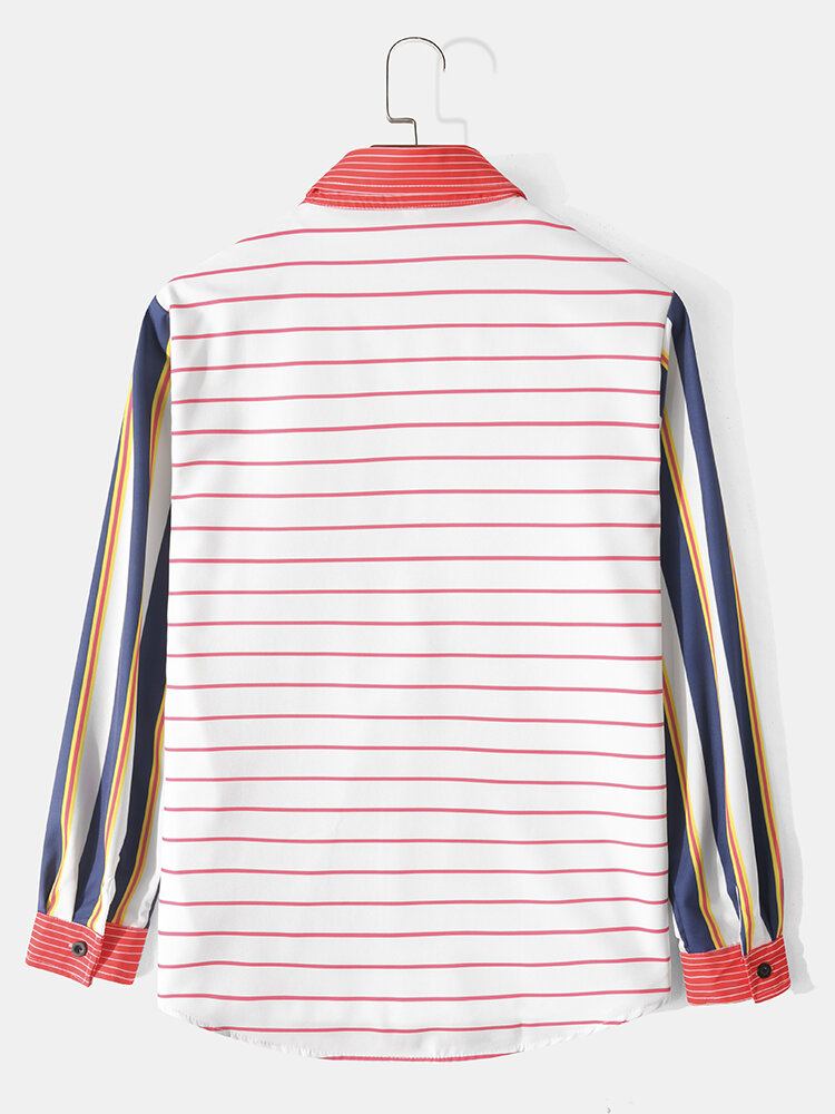 Mænd Stripe Patchwork Button Up Casual Langærmede Skjorter