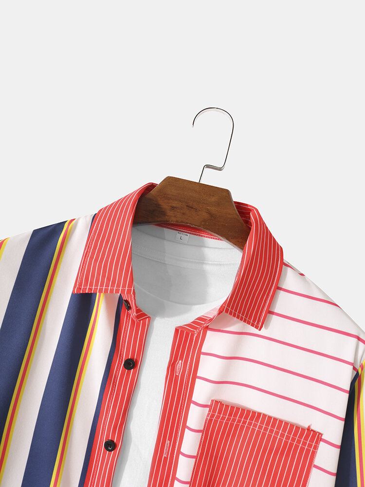 Mænd Stripe Patchwork Button Up Casual Langærmede Skjorter