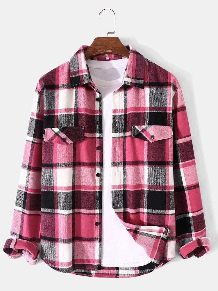 Mænd Ternet Plaid Decor Pocket Button Up Casual Langærmede Skjorter