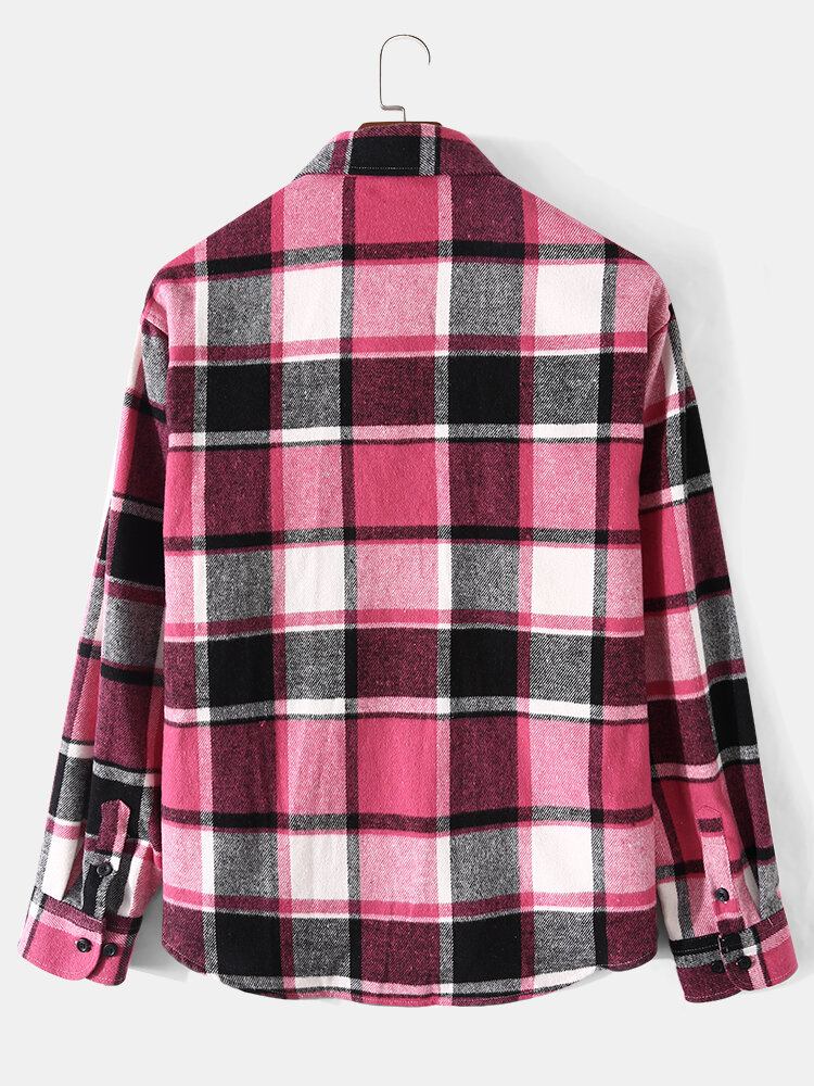 Mænd Ternet Plaid Decor Pocket Button Up Casual Langærmede Skjorter