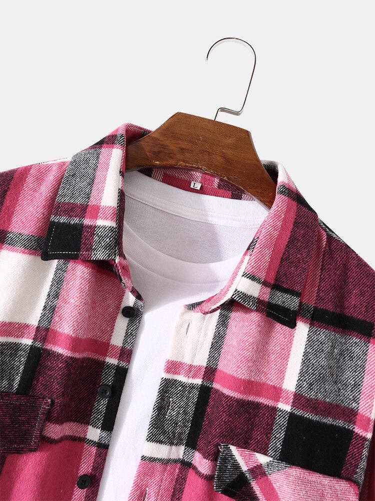 Mænd Ternet Plaid Decor Pocket Button Up Casual Langærmede Skjorter