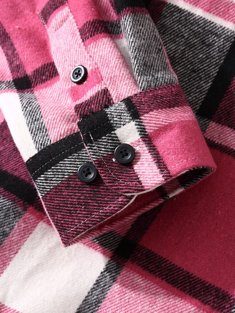 Mænd Ternet Plaid Decor Pocket Button Up Casual Langærmede Skjorter