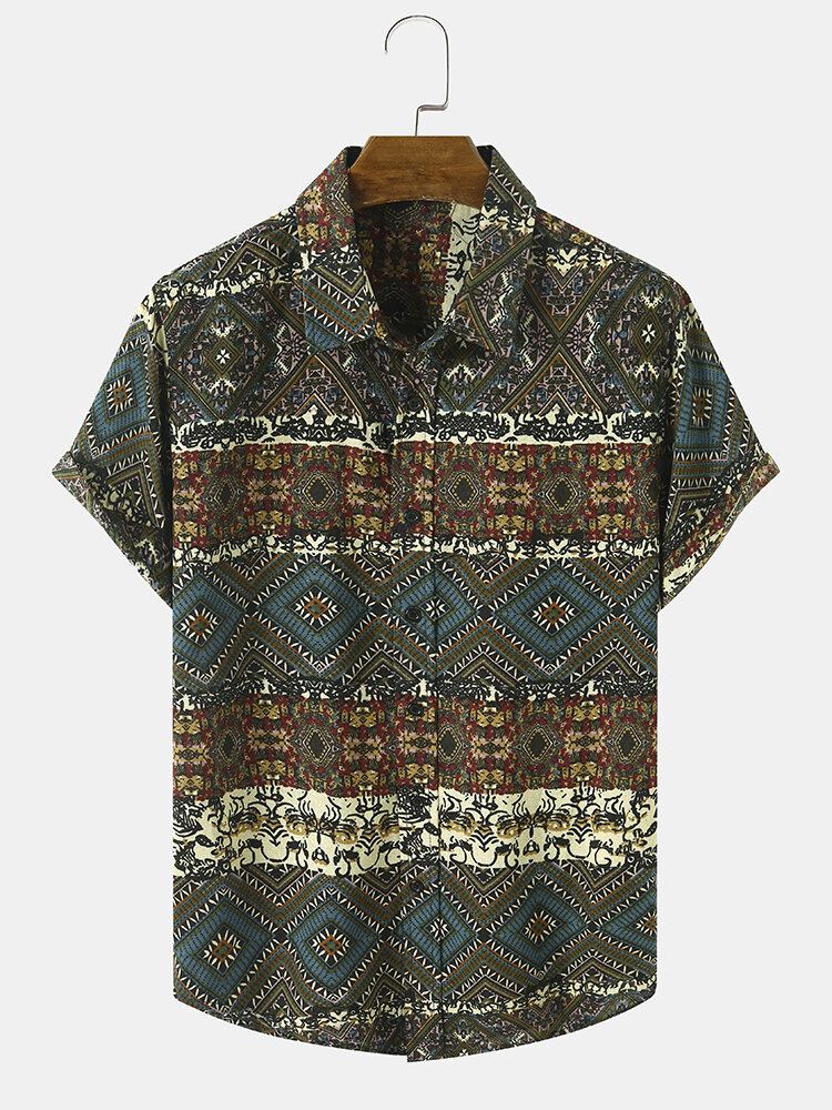 Mænd Tribal Print Patchwork Revers Button Up Hem Manchet Fritidsskjorter