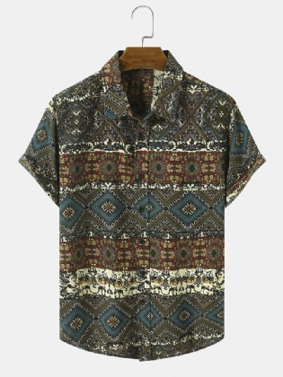 Mænd Tribal Print Patchwork Revers Button Up Hem Manchet Fritidsskjorter