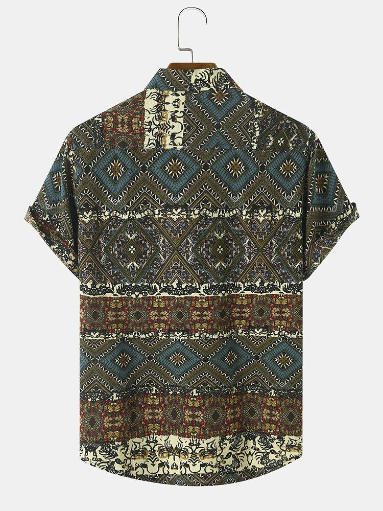 Mænd Tribal Print Patchwork Revers Button Up Hem Manchet Fritidsskjorter