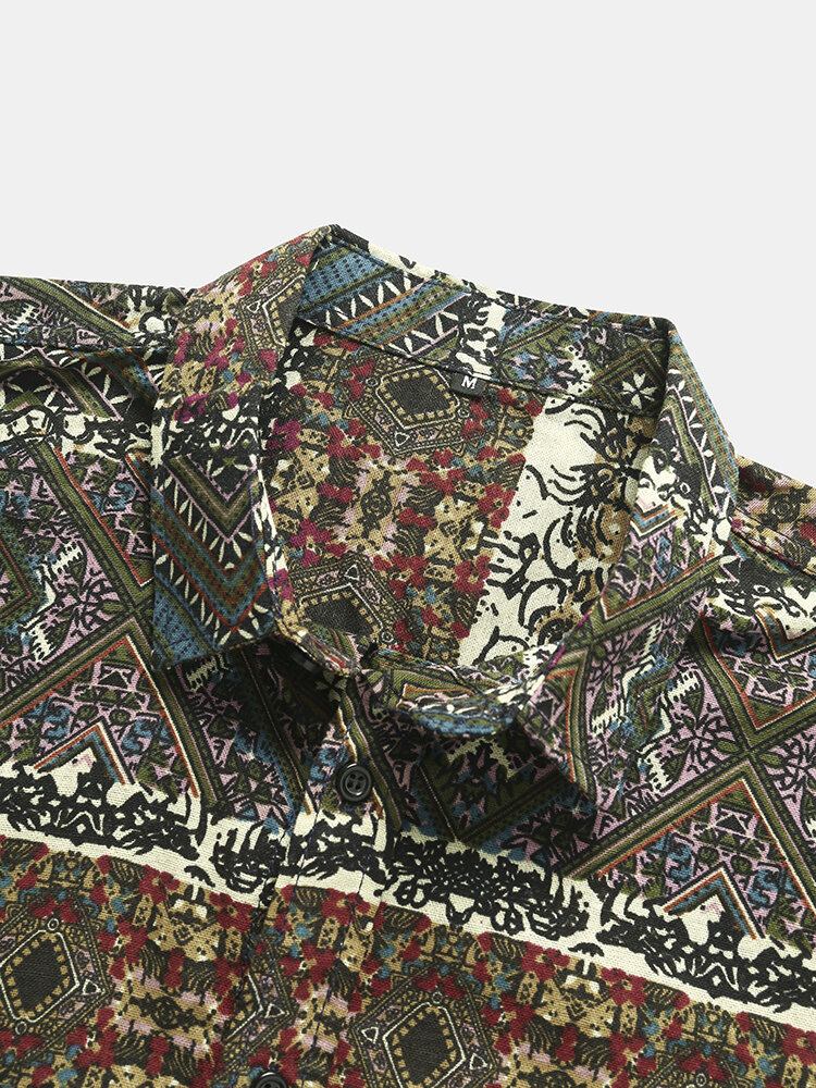 Mænd Tribal Print Patchwork Revers Button Up Hem Manchet Fritidsskjorter