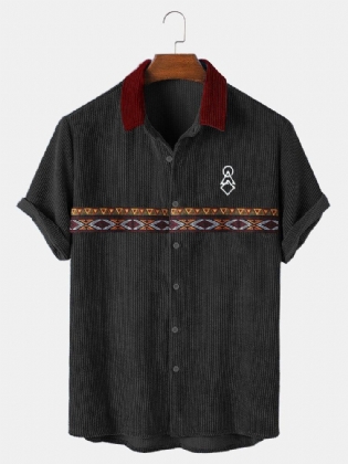 Mænd Tribal Print Patchwork Ribbede Button Up Kortærmede Skjorter