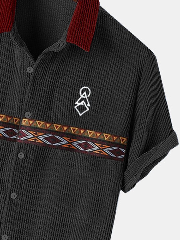 Mænd Tribal Print Patchwork Ribbede Button Up Kortærmede Skjorter