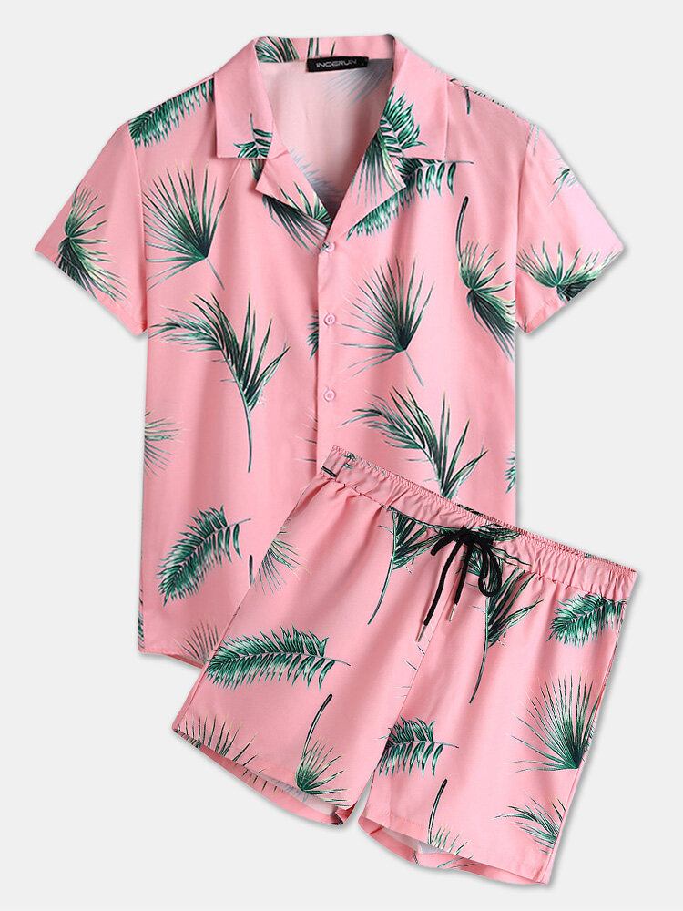 Mænd Tropical Leaf Print Feriestil Casual Skjortesæt