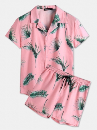 Mænd Tropical Leaf Print Feriestil Casual Skjortesæt